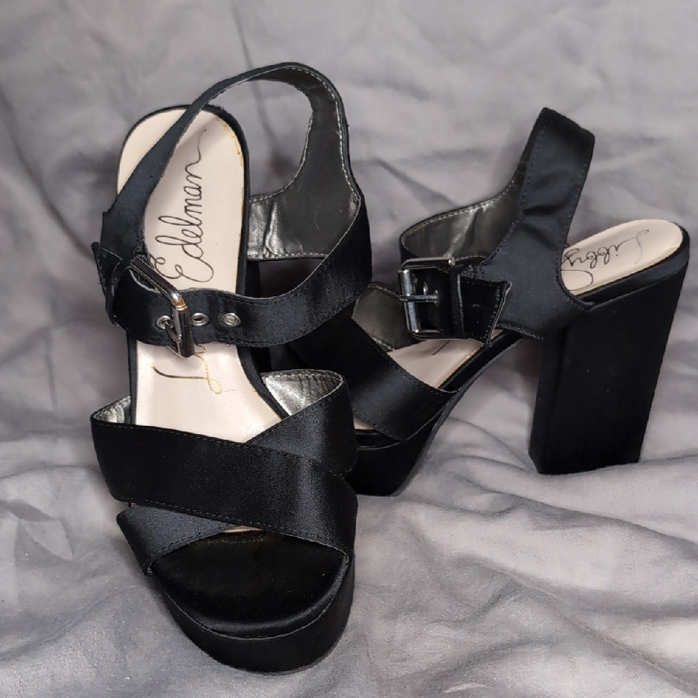 Libby Edelman Black Satin Crossover Platform Block Heels